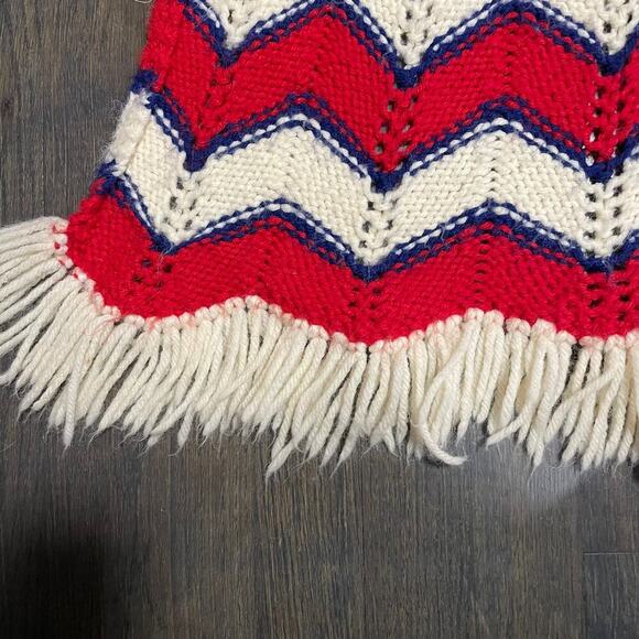 Vintage Handmade Zigzag Fringe Tassel Red White Blue Granny Afghan Throw - Picture 4 of 7